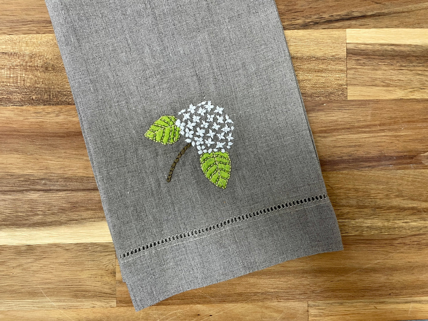 Hydrangea Embroidered Tea Towel