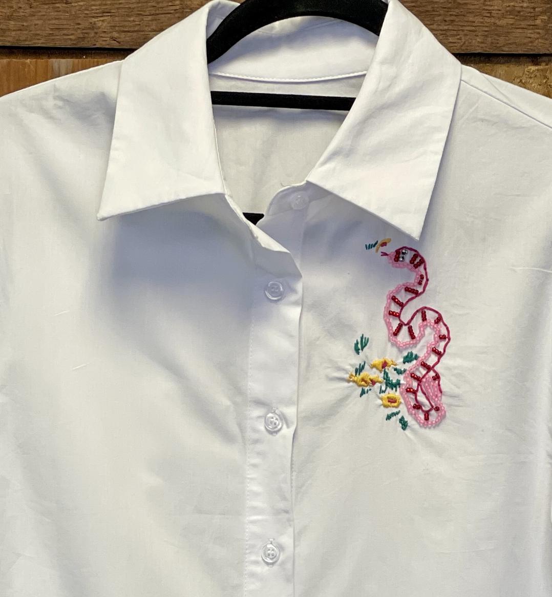 Hand Embroidered Puff Sleeve Button Down Shirt