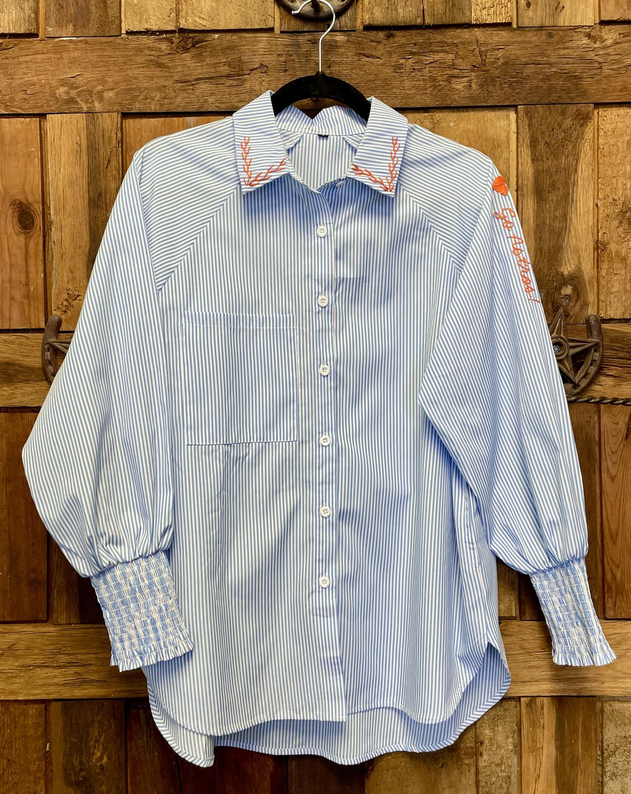 Hand Embroidered Striped Button Down Shirt