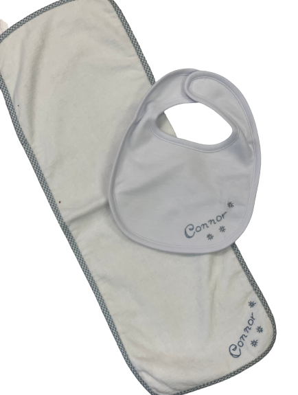 Embroidered Baby Bib and Burp Cloth Set