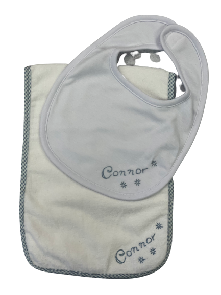 Embroidered Baby Bib and Burp Cloth Set