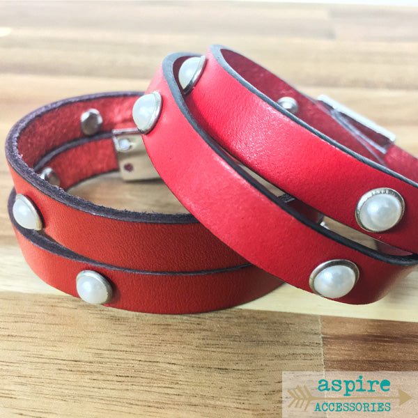 Double Wrap Bracelet With Pearl Rivets