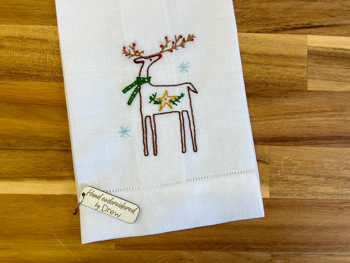 Reindeer Embroidered Tea Towel