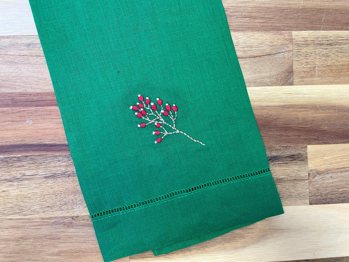Winter Berries Embroidered Tea Towel