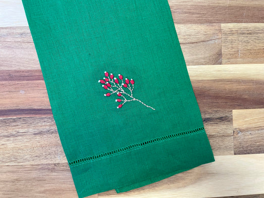 Winter Berries Embroidered Tea Towel