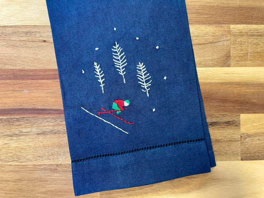 Snow Skier Embroidered Tea Towel