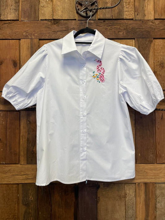 Hand Embroidered Puff Sleeve Button Down Shirt