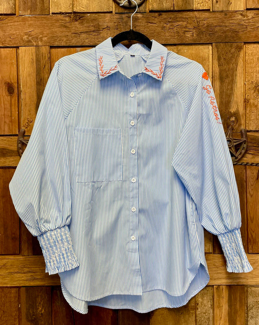 Hand Embroidered Striped Button Down Shirt