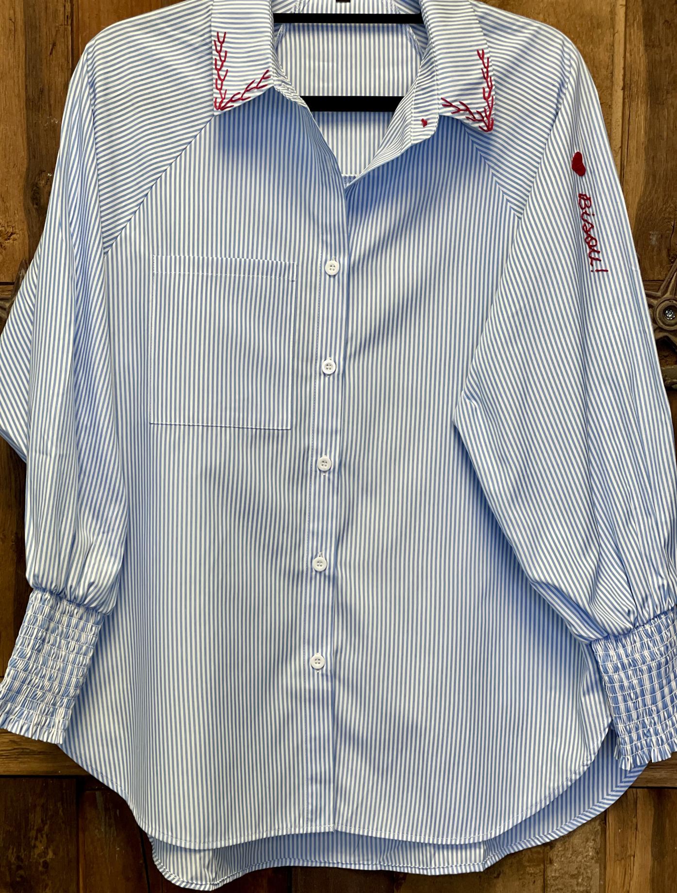 Hand Embroidered Striped Button Down Shirt