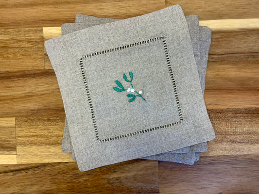 Mistletoe Embroidered Cocktail Napkins