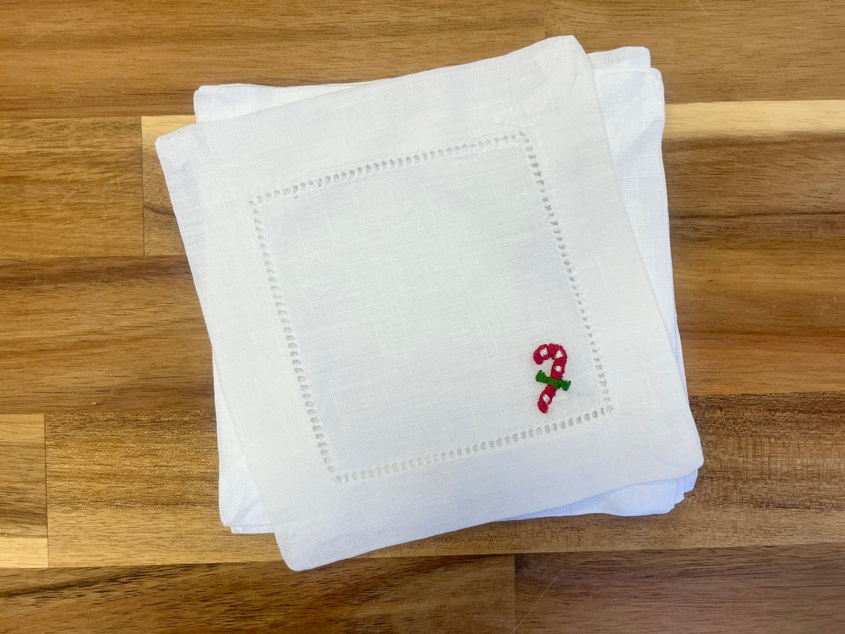 Candy Cane Embroidered Cocktail Napkins