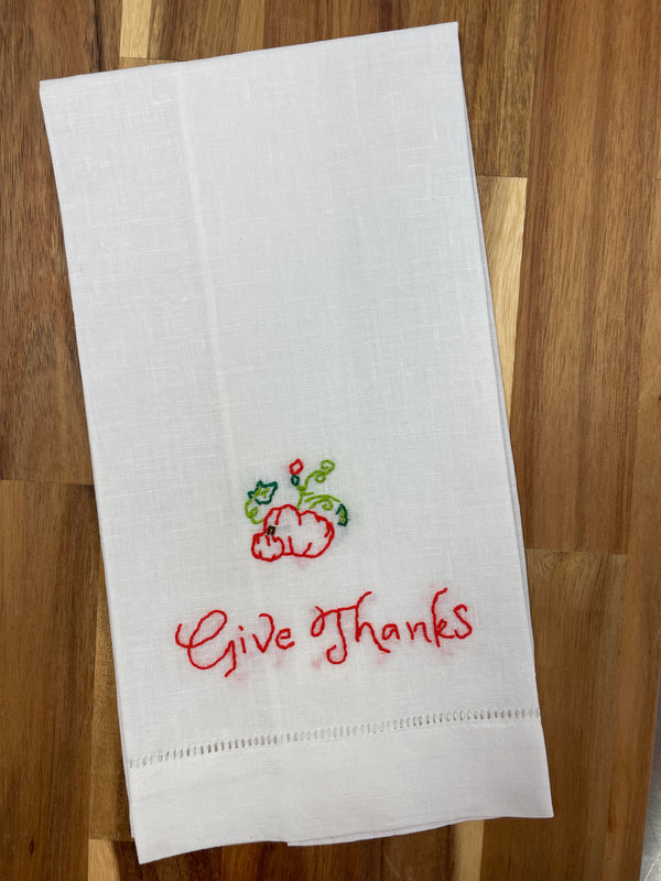 Give Thanks Embroidered Tea Towel