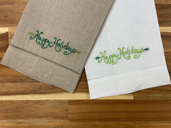Happy Holidays Embroidered Tea Towel