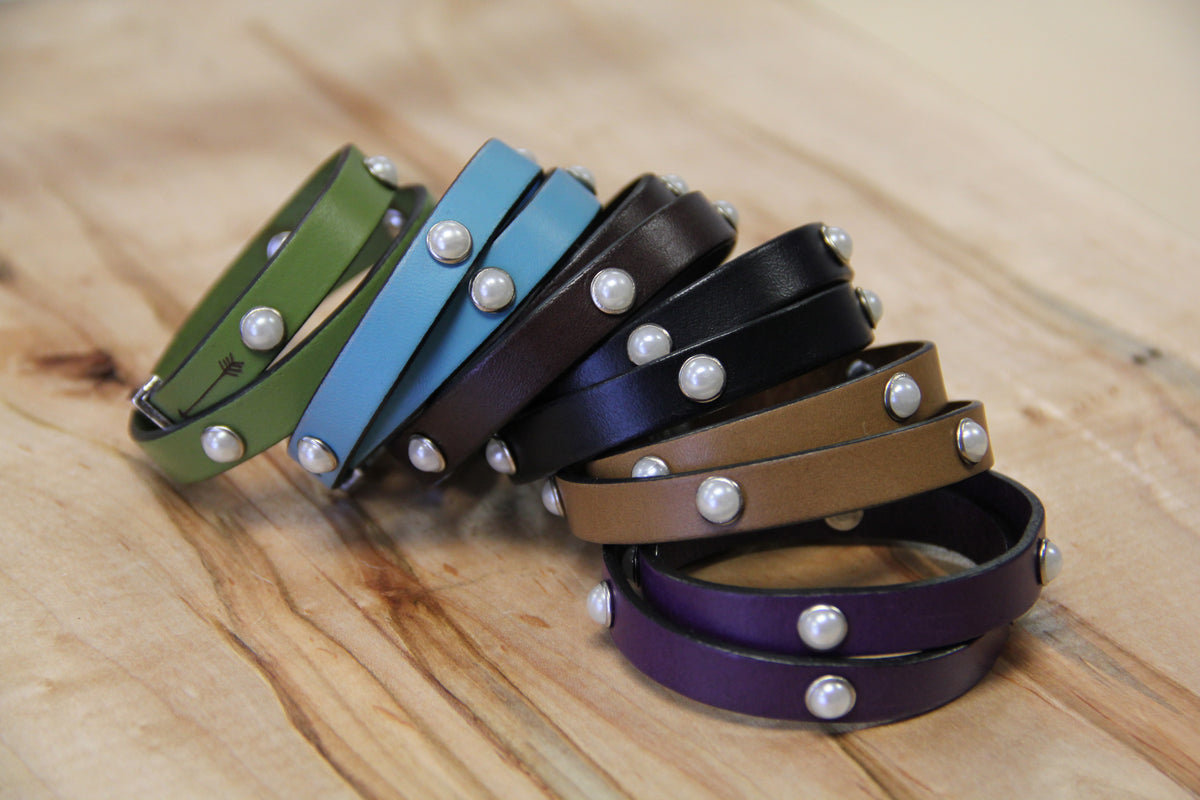 Double Wrap Bracelet With Pearl Rivets