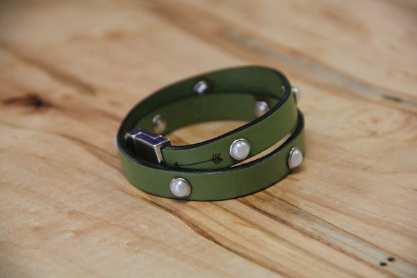 Double Wrap Bracelet With Pearl Rivets