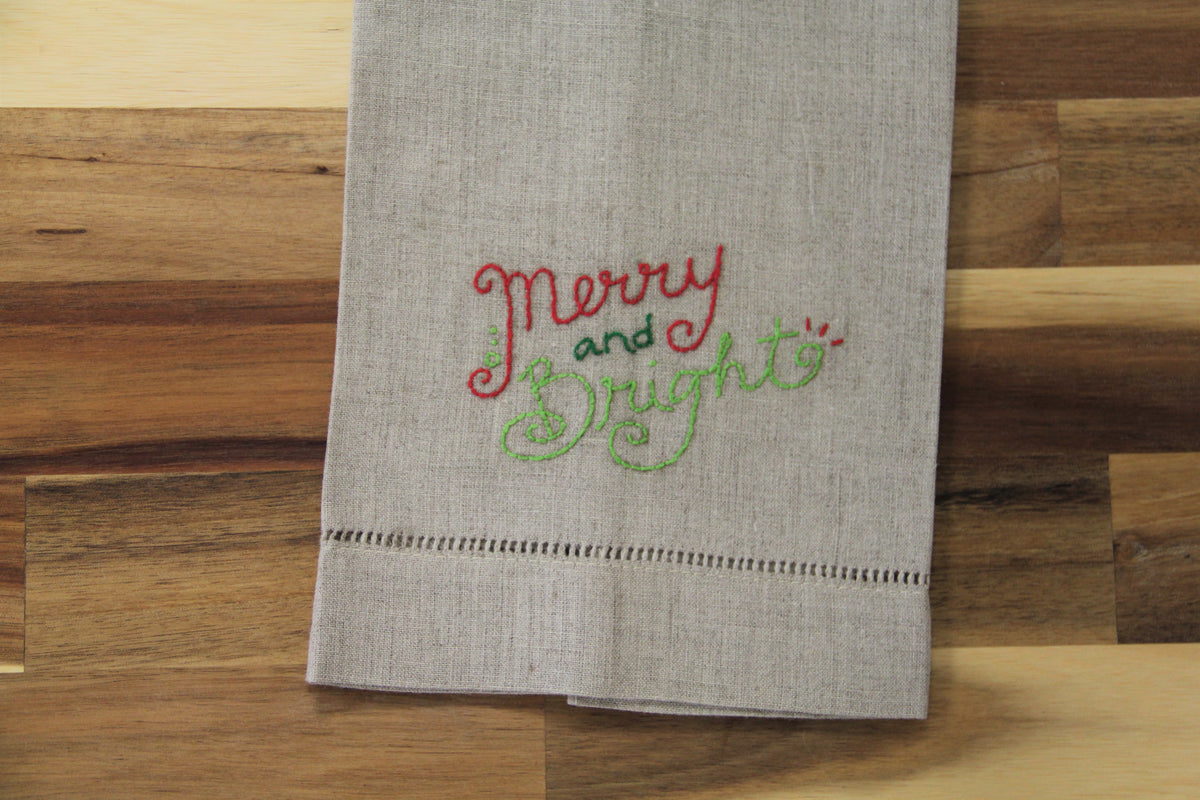 Merry and Bright Embroidered Tea Towel