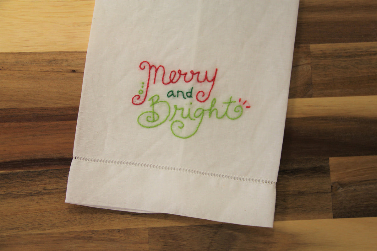 Merry and Bright Embroidered Tea Towel