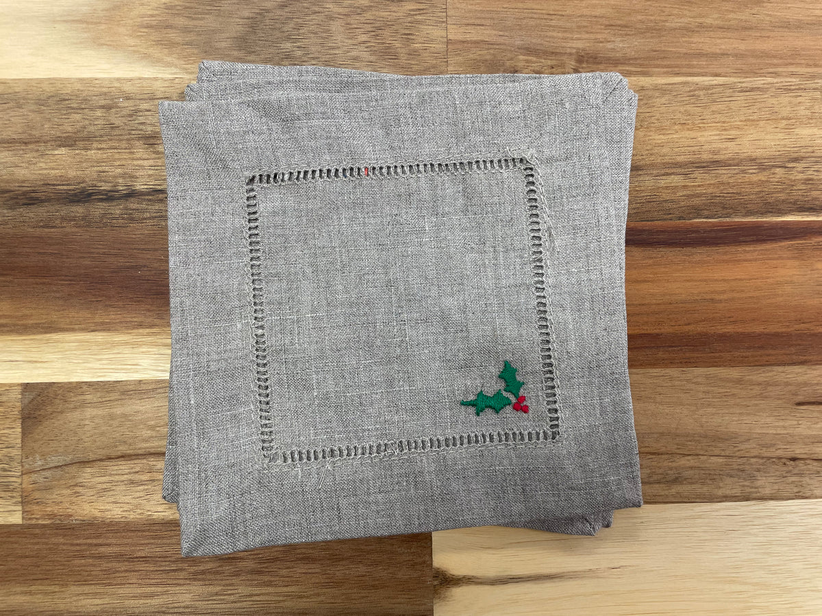 Holly Embroidered Cocktail Napkins