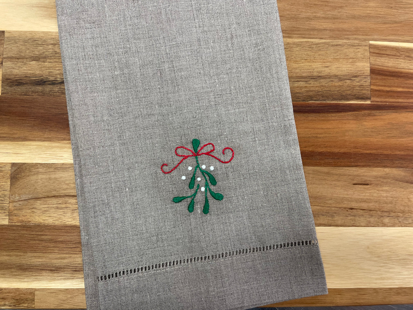 Mistletoe Embroidered Tea Towel