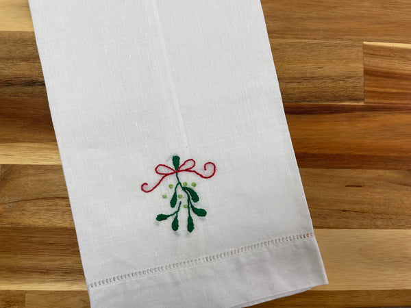 Mistletoe Embroidered Tea Towel